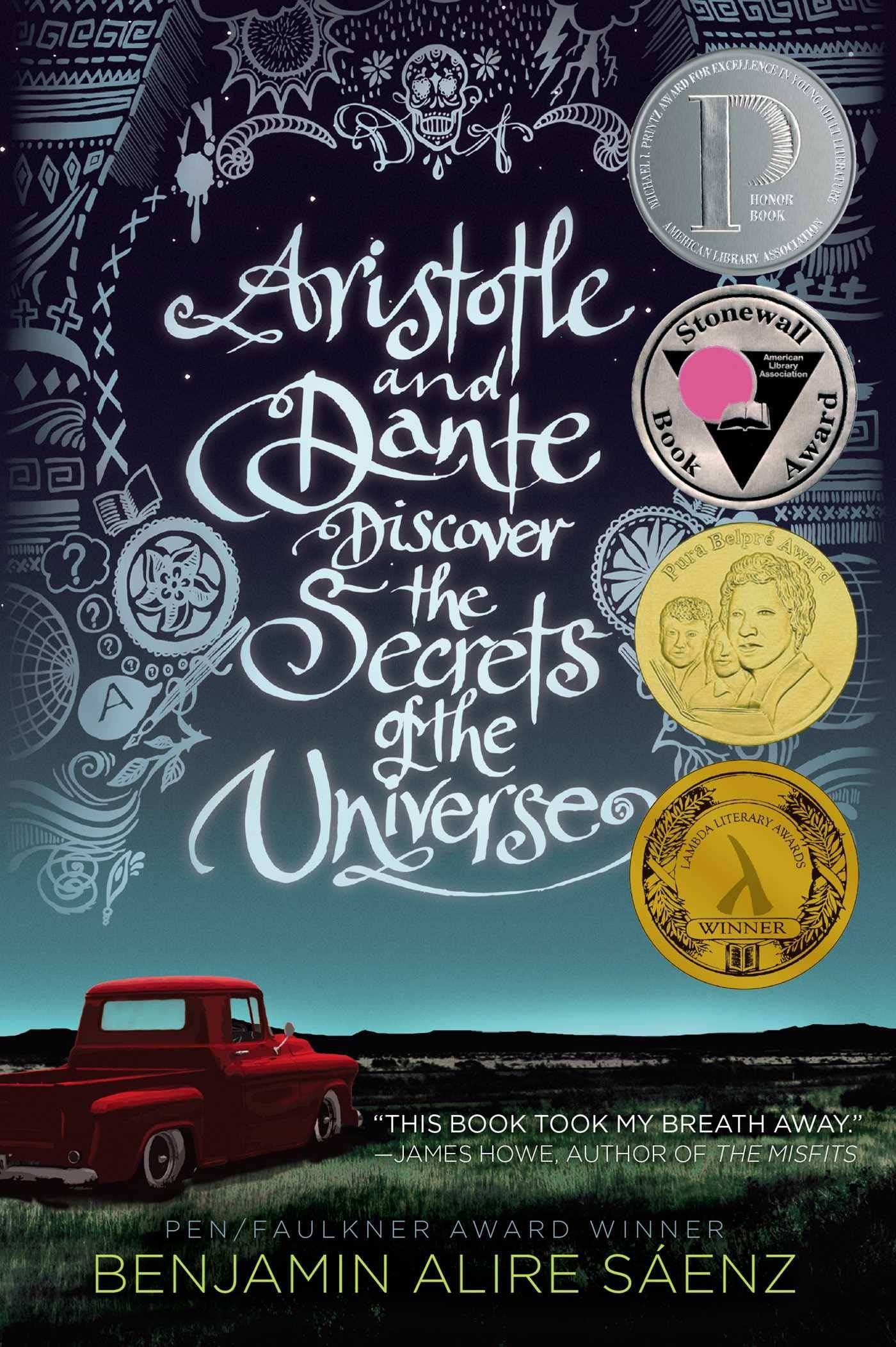 "Aristotle and Dante discover the secrets of the universe" cover featuring an illustration of a vintage red truck looking out over a field with an open sky filled with geometric and symbolic illustrations.